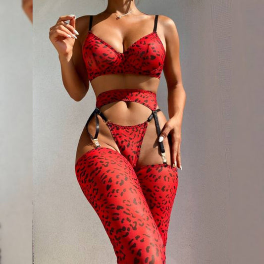 Red & Black Leopard Print Lingerie Set (Without Stockings)