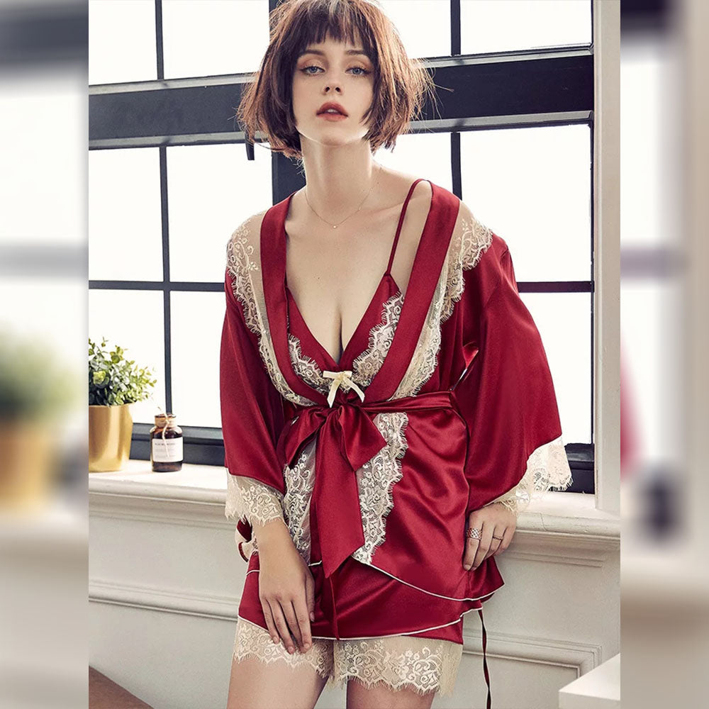 Lace Patchwork 3Pcs Silk Stain Set, Summer New Shorts Sexy Suit Night Gown Robe and Short