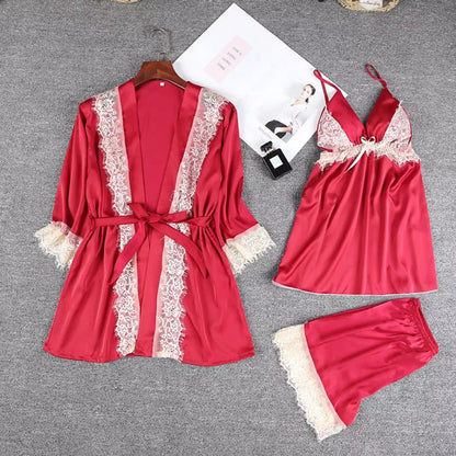 Lace Patchwork 3Pcs Silk Stain Set, Summer New Shorts Sexy Suit Night Gown Robe and Short