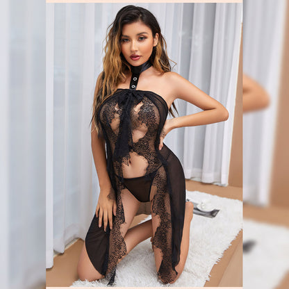 Sexy Lace Mesh Front Open Neck Ring Babydoll Nightdress With Underpants Wedding See Through Lingerie Chemise