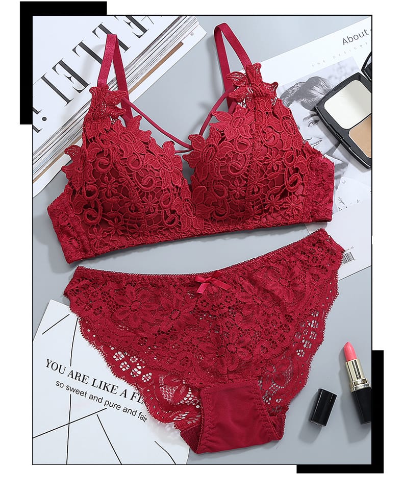 Women Sexy Cross Bandage Lace Lingerie Wire Free Soft Padded Bra With Panty Set