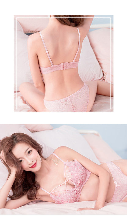 Women Sexy Cross Bandage Lace Lingerie Wire Free Soft Padded Bra With Panty Set