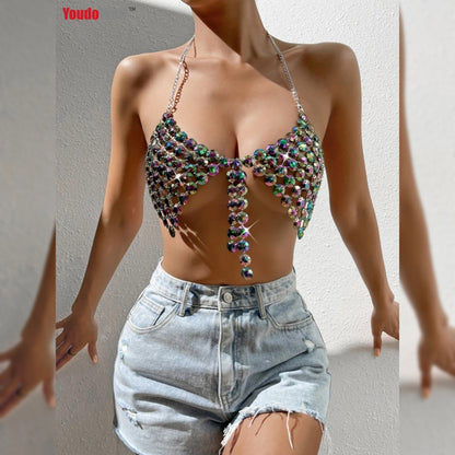 High Quality Diamond Cut Stone Decorative Chain Halter Triangle Bra