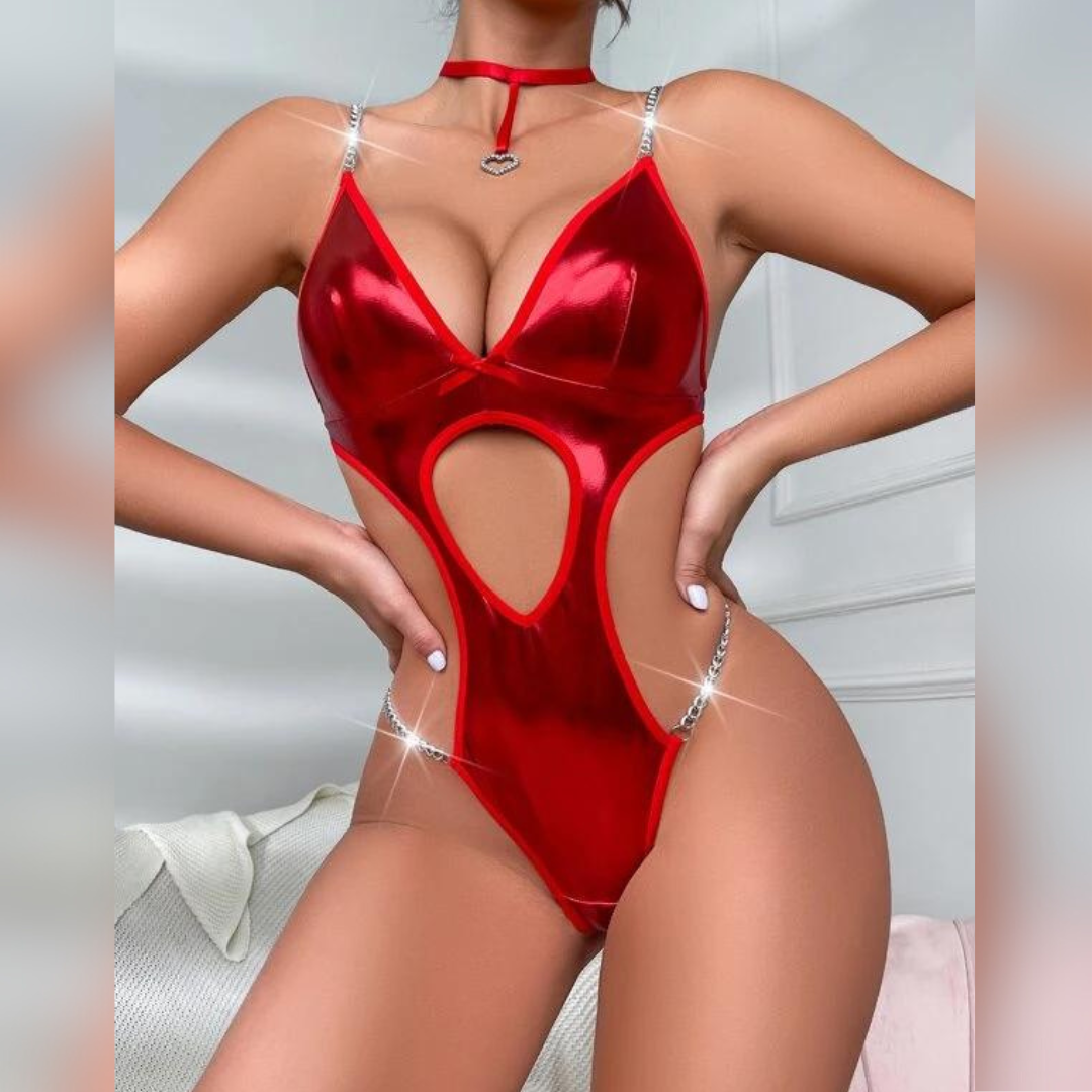 High Quality Chain Linked Cut Out Teddy Bodysuit With Choker