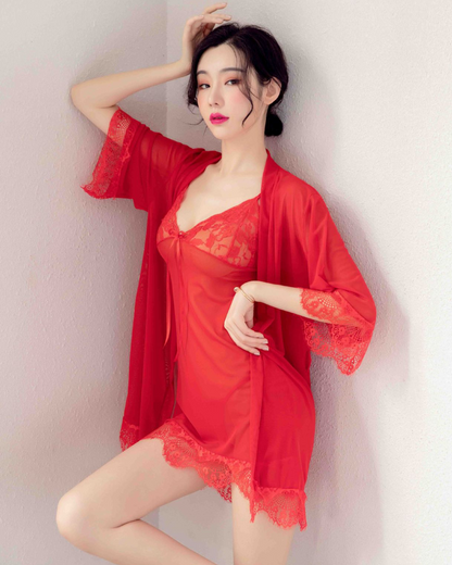 Women 3 Pcs High Quality Floral Lace Sleepwear With Top & Gown Set