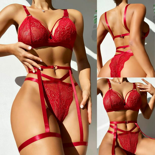 Red Babydoll Lingerie With Garter Belt And Corset Bra Set