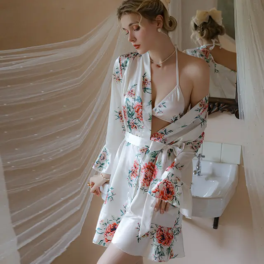 White Floral Printed Gown With Matching Bra & Skirt Set