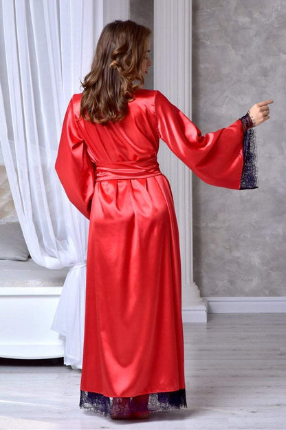 Elegant Silk Satin Kimono Bridal Lace Long Gown For Women